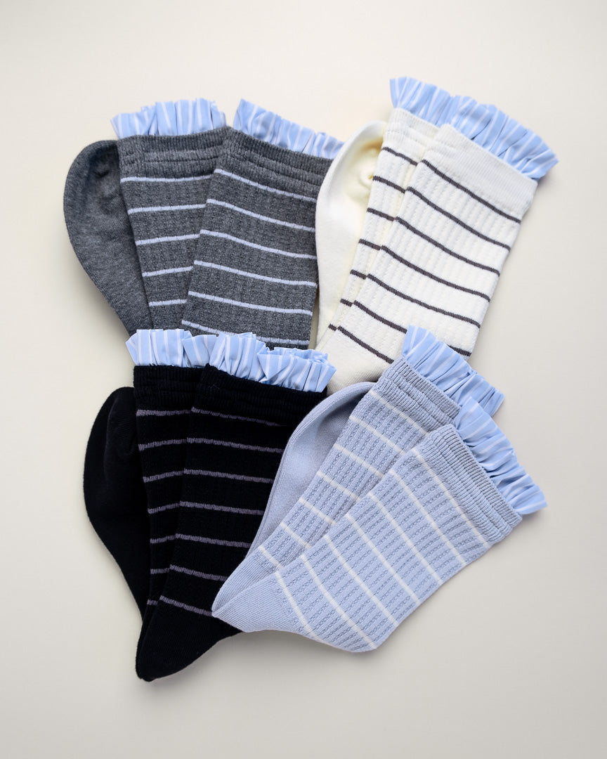 Blue Ruffle Striped Women’s Cotton Crew Socks