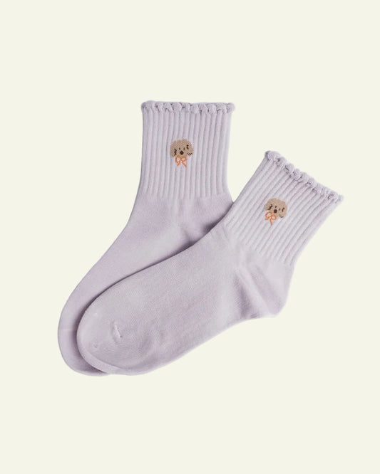 Lavender women’s quarter socks with puppy embroidery and ruffle trim