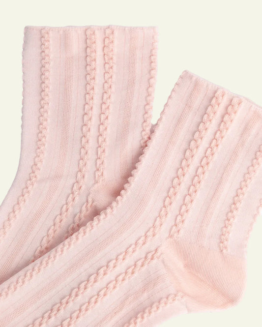 Close-up of braided rib knit texture on pink women’s cotton quarter socks
