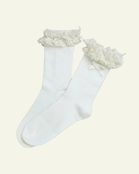 White socks with floral lace trim on a beige background