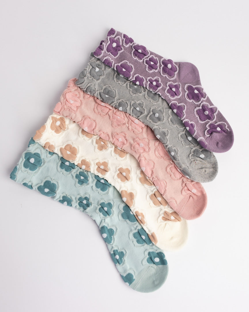 Women’s Cotton Crew Socks – Textured 3D Floral Knit Casual Everyday Socks