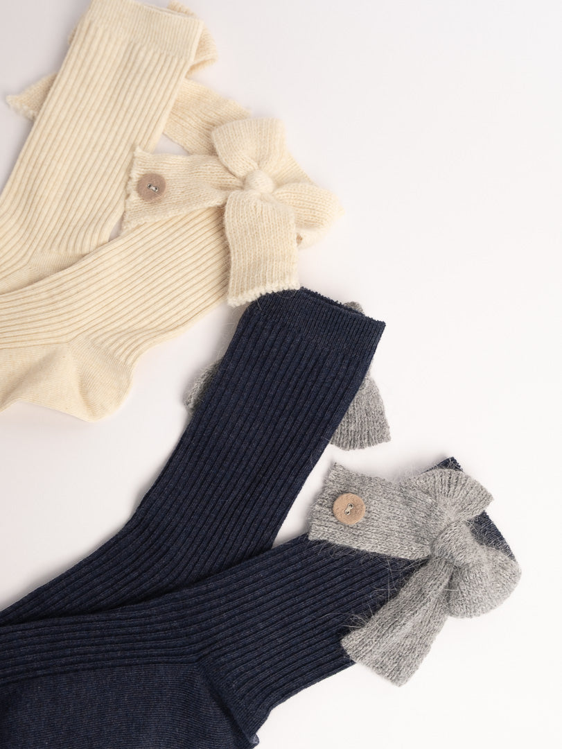 women cotton crew socks ribbed knit bow detail beige and black casual socks set