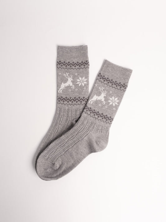 women cotton crew socks grey nordic tree and reindeer pattern cozy winter socks