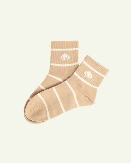 Women's beige puppy stripe cotton crew socks with soft cotton comfort and casual style
