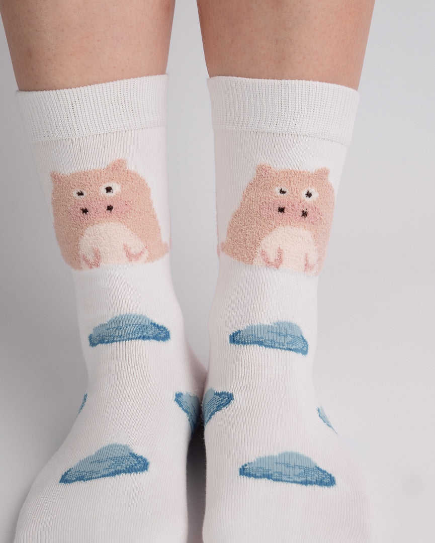 Cute Pink Pig Cotton Crew Socks – White