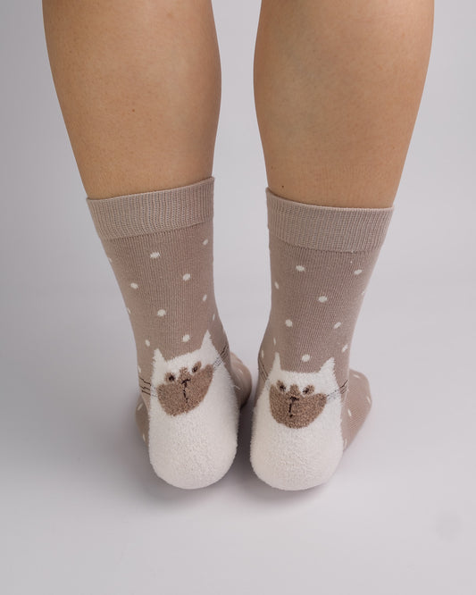 Fuzzy Cat Polka Dot Cotton Crew Socks – Light Brown
