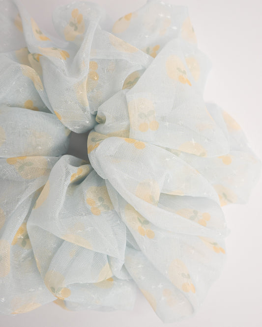 Yellow Cherry Sheer Hair Scrunchie - Light Blue