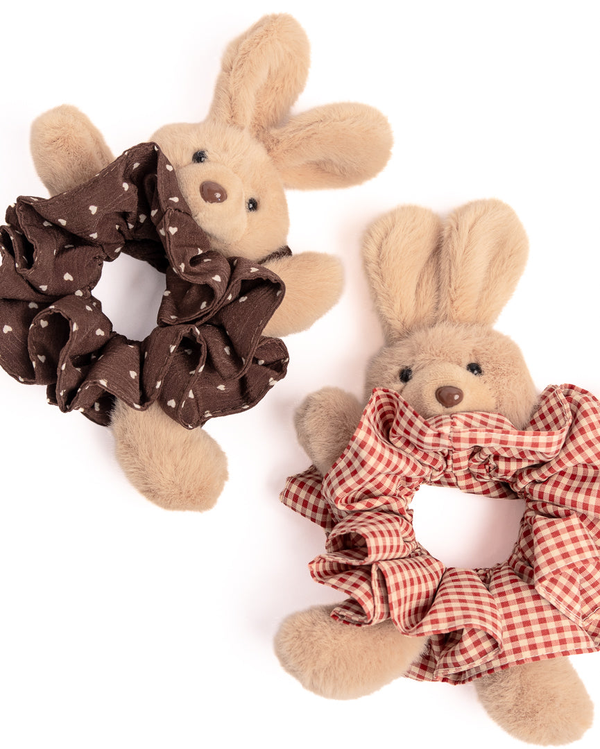 Fluffy Bunny Gingham Plush Hair Scrunchie - Red