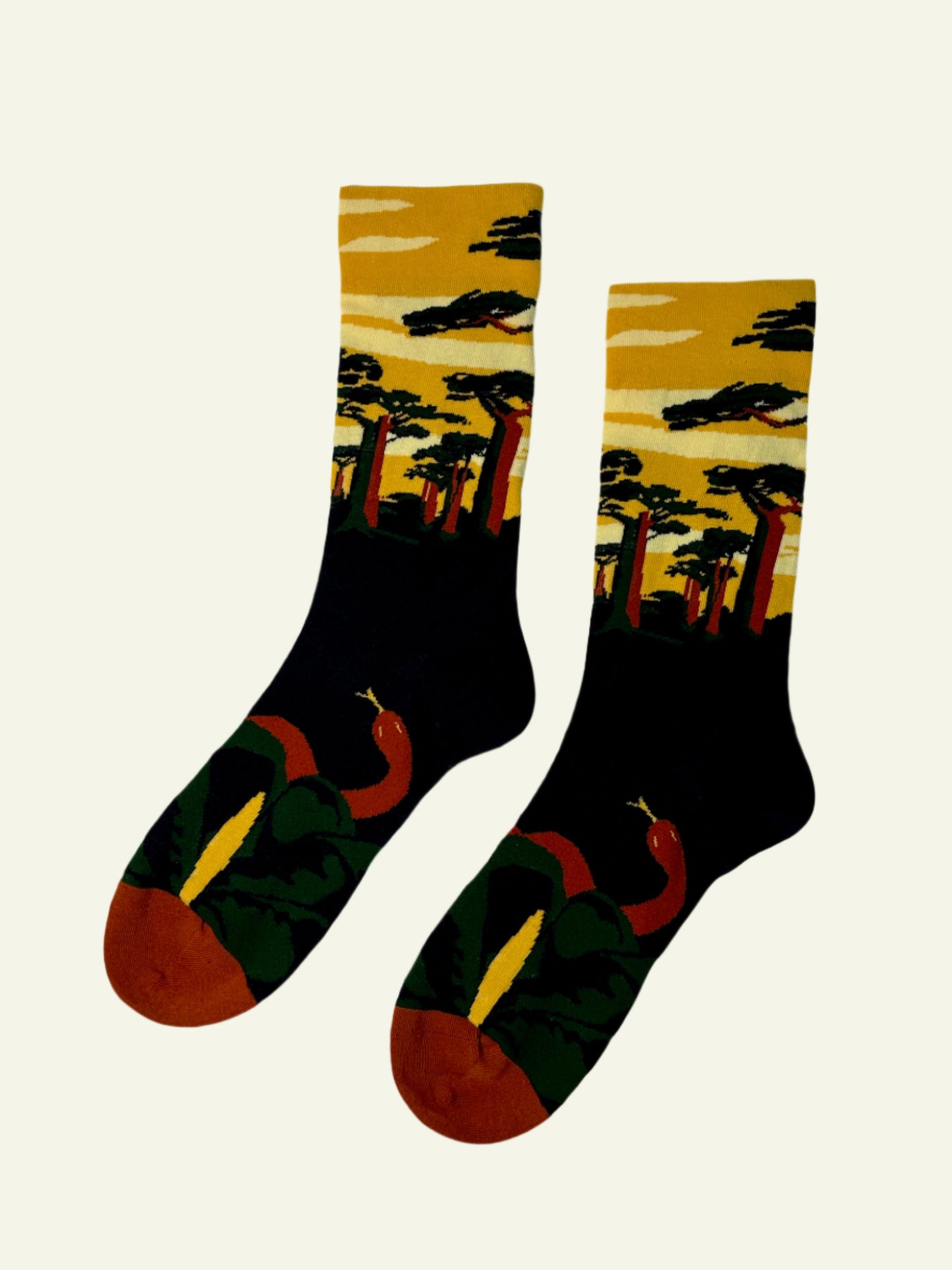 Colorful aesthetic cotton socks with graphic snake and tree design, perfect for streetwear and bold fashion looks.