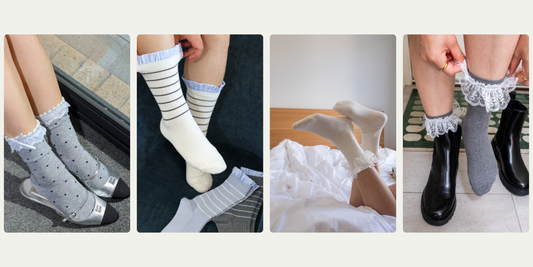 Four outfit ideas showing ruffle socks styled with Mary Jane shoes, chunky sneakers and black ankle boots.