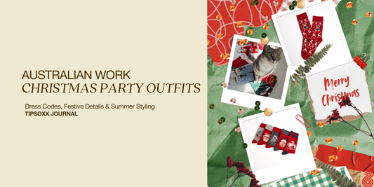 Australian Work Christmas Party Outfits blog banner featuring TipSoxx festive socks, a cat photo, and holiday styling details.