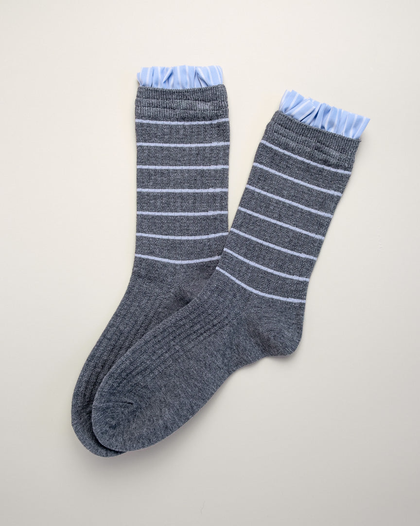 Blue Ruffle Striped Women’s Cotton Crew Socks