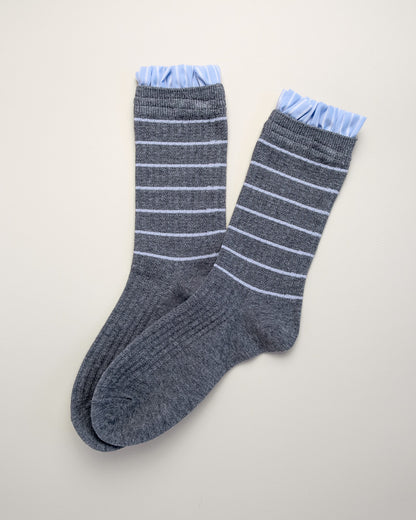 Blue Ruffle Striped Women’s Cotton Crew Socks