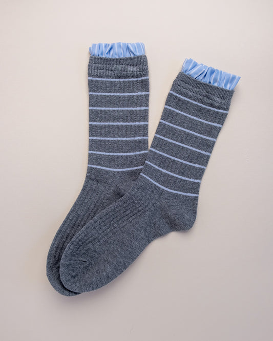 Blue Ruffle Striped Women’s Cotton Crew Socks