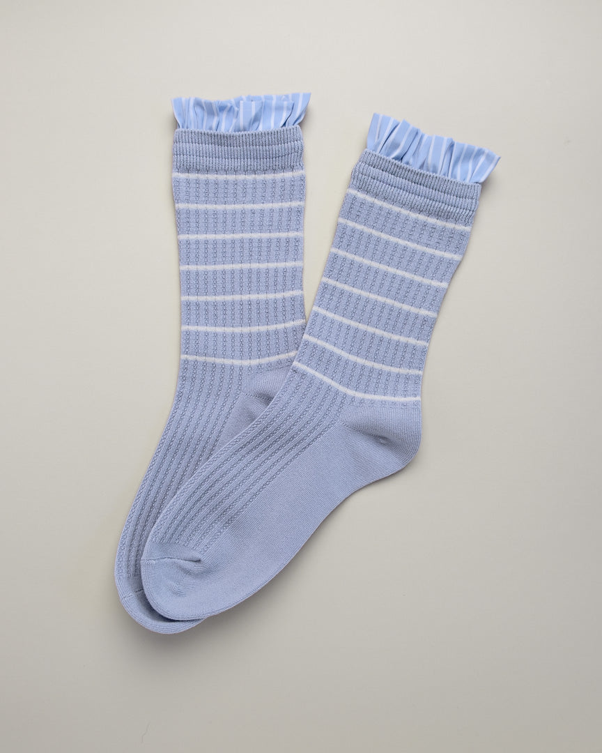Blue Ruffle Striped Women’s Cotton Crew Socks