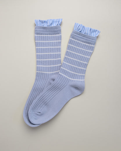 Blue Ruffle Striped Women’s Cotton Crew Socks