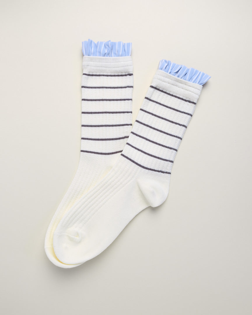 Blue Ruffle Striped Women’s Cotton Crew Socks