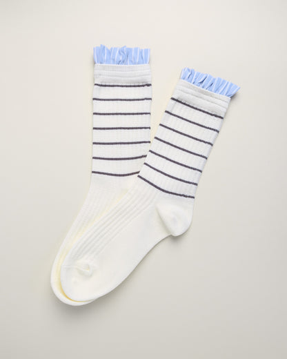 Blue Ruffle Striped Women’s Cotton Crew Socks