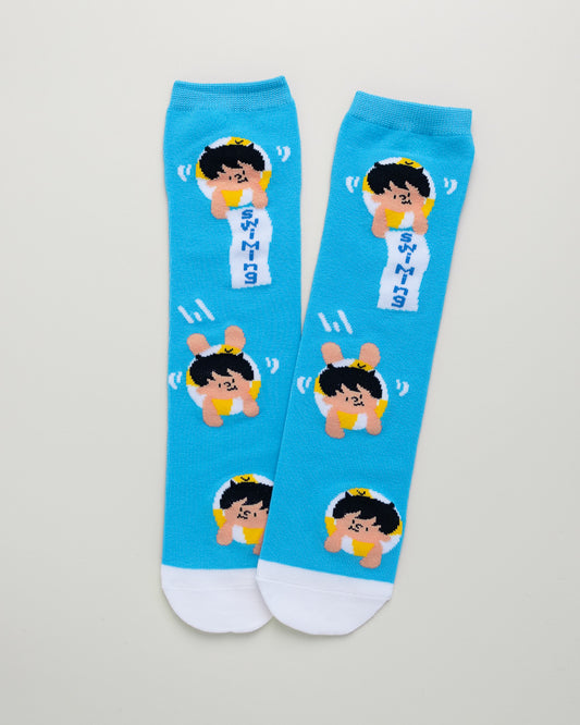 Kids’ Swimming Cartoon Socks – Heel-Free Crew Style