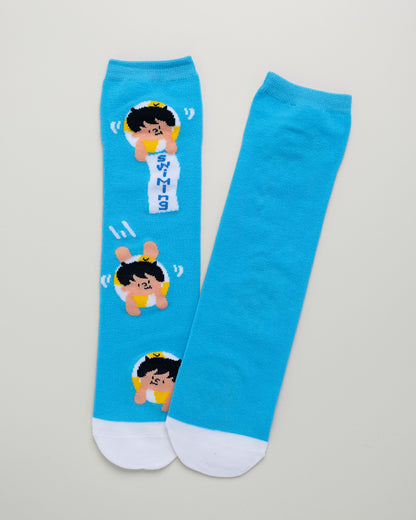 Kids’ Swimming Cartoon Socks – Heel-Free Crew Style