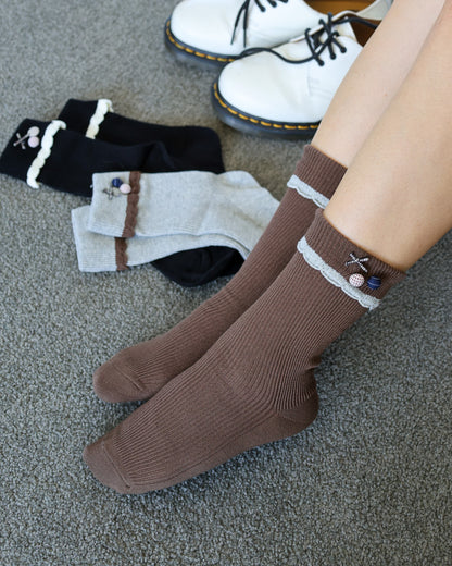 Cute Bow & Button – Women’s Cotton Crew Socks