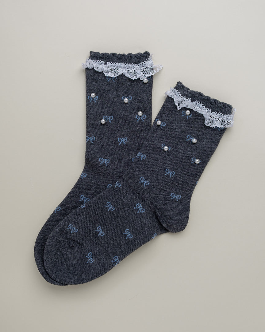 Pearl Bow Lace Women’s Crew Socks