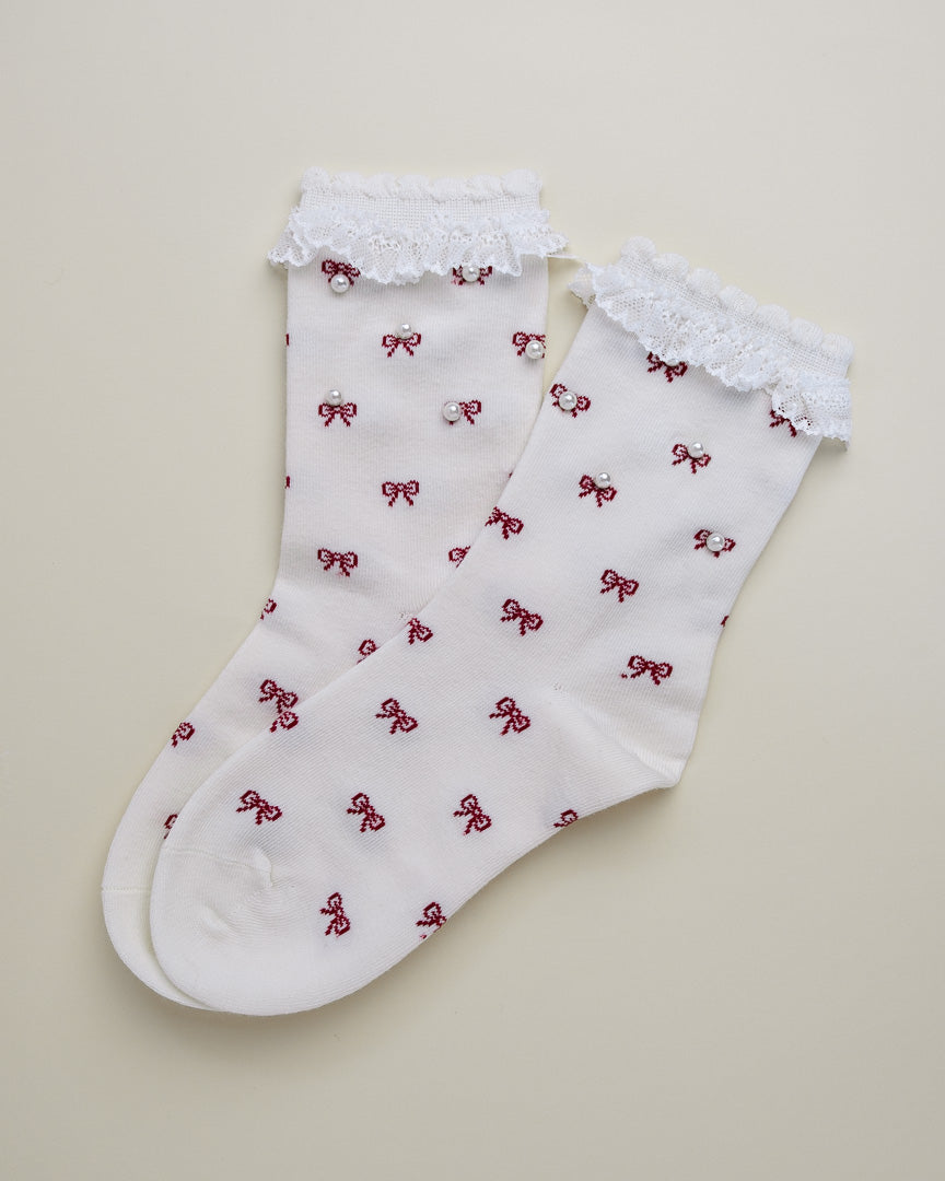 Pearl Bow Lace Women’s Crew Socks
