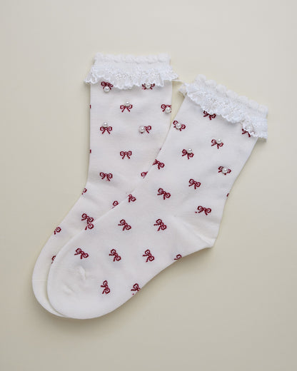 Pearl Bow Lace Women’s Crew Socks