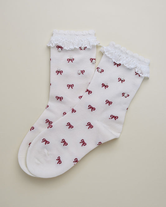 Pearl Bow Lace Women’s Crew Socks