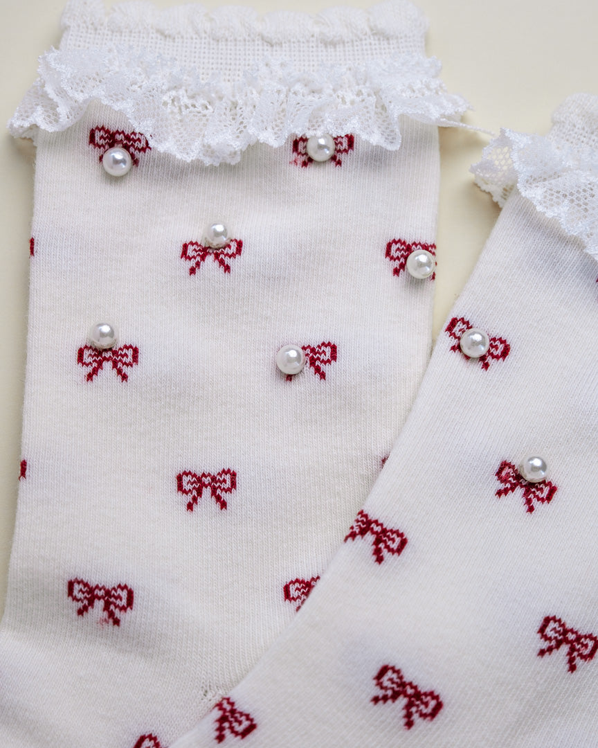 Pearl Bow Lace Women’s Crew Socks