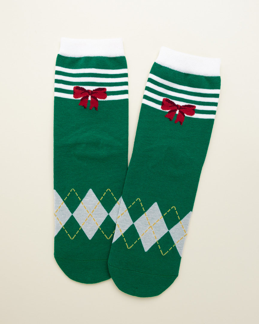 Holiday Bow Argyle Socks – Women’s Crew Socks