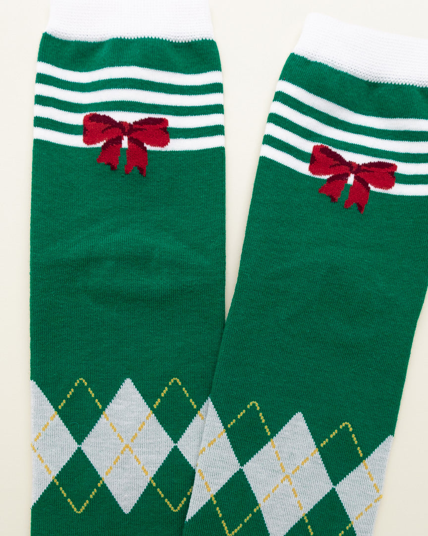 Holiday Bow Argyle Socks – Women’s Crew Socks