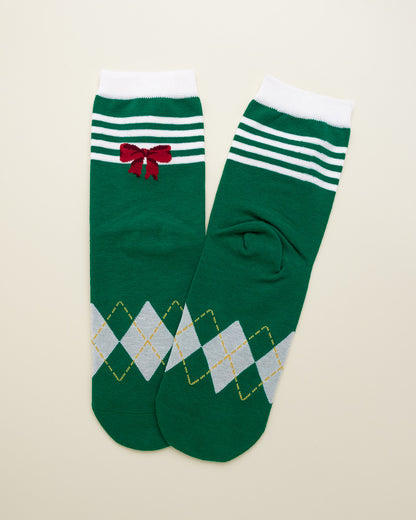 Holiday Bow Argyle Socks – Women’s Crew Socks