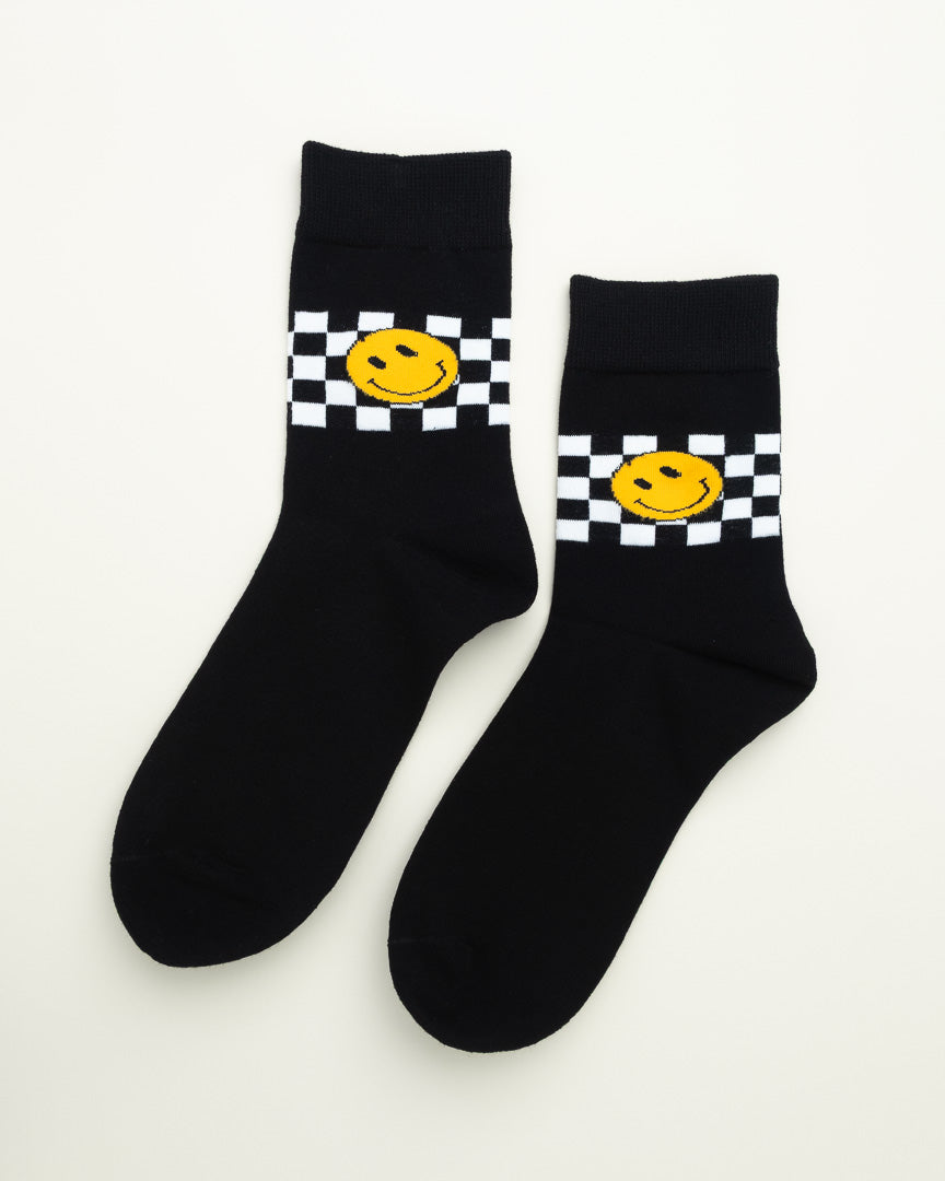 Smiley Grid – Unisex Crew Black Socks