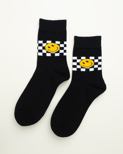 Smiley Grid – Unisex Crew Black Socks