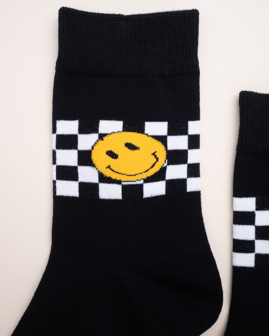 Smiley Grid – Unisex Crew Black Socks