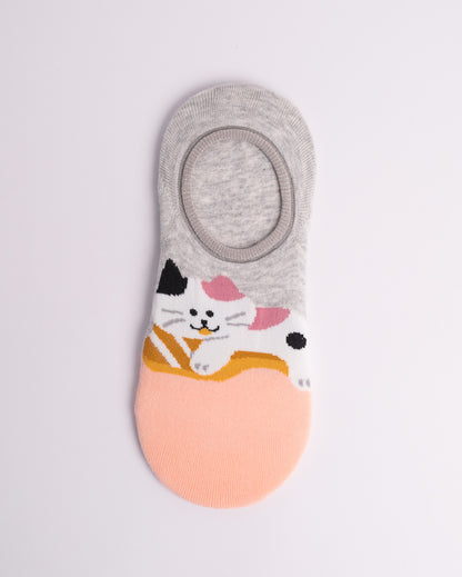 Women’s grey and peach cat no show socks – soft cotton no-slip heel