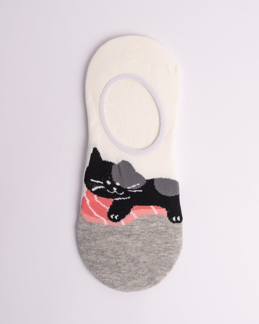 Women’s cute cat no show socks in cream and grey – no-slip low cut design