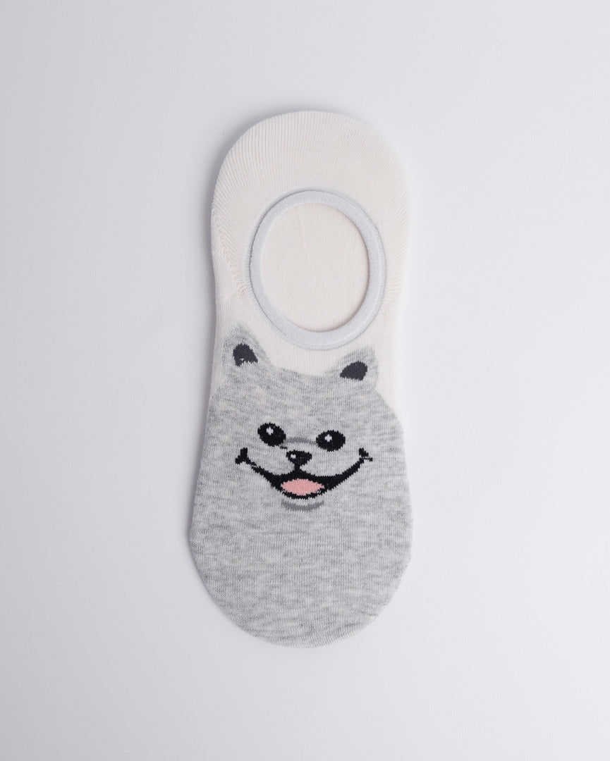 Cute dog women’s no show socks in light grey, no-slip invisible low cut cotton socks