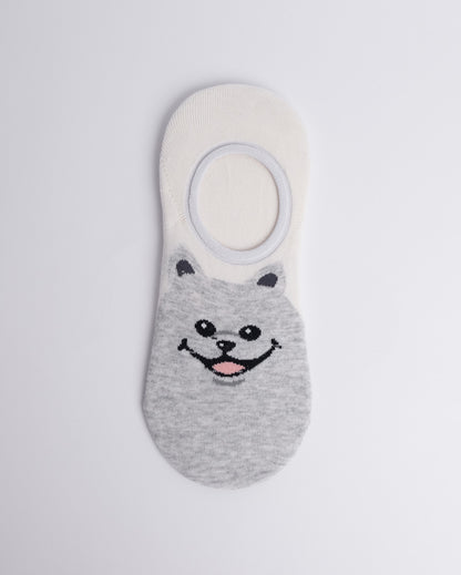Cute dog women’s no show socks in light grey, no-slip invisible low cut cotton socks