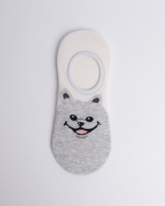 Cute dog women’s no show socks in light grey, no-slip invisible low cut cotton socks