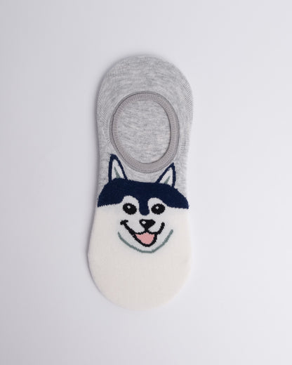Grey and navy women’s no show socks with dog pattern, no-slip low cut invisible socks