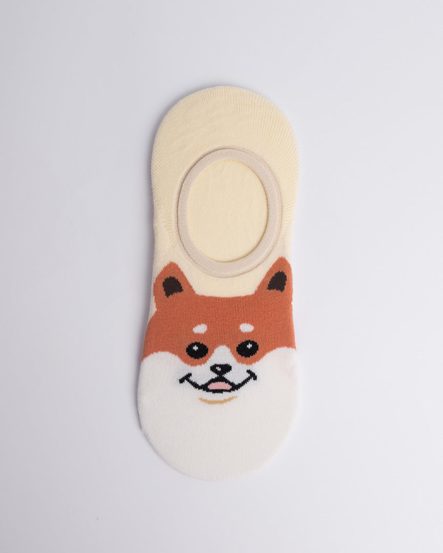 Cream and brown women’s no show socks with cute dog graphic, invisible cotton socks