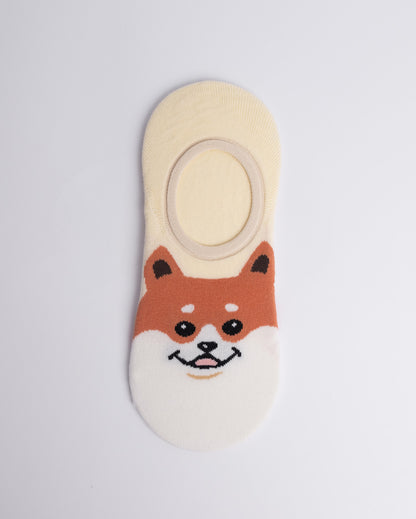 Cream and brown women’s no show socks with cute dog graphic, invisible cotton socks