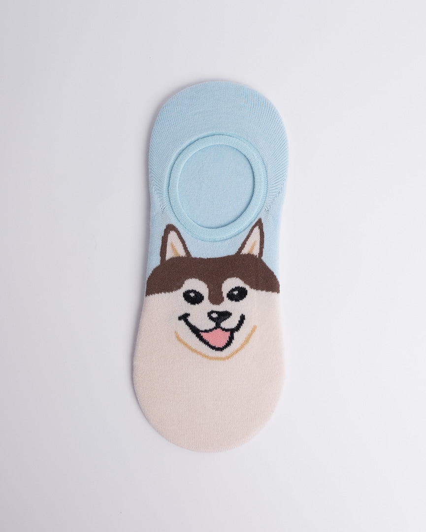Sky blue and beige women’s no show socks with cute dog face, invisible low cut cotton socks
