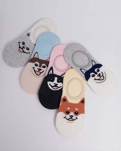 Women’s no show socks set with cute dog designs in multiple colours, no-slip invisible low cut socks