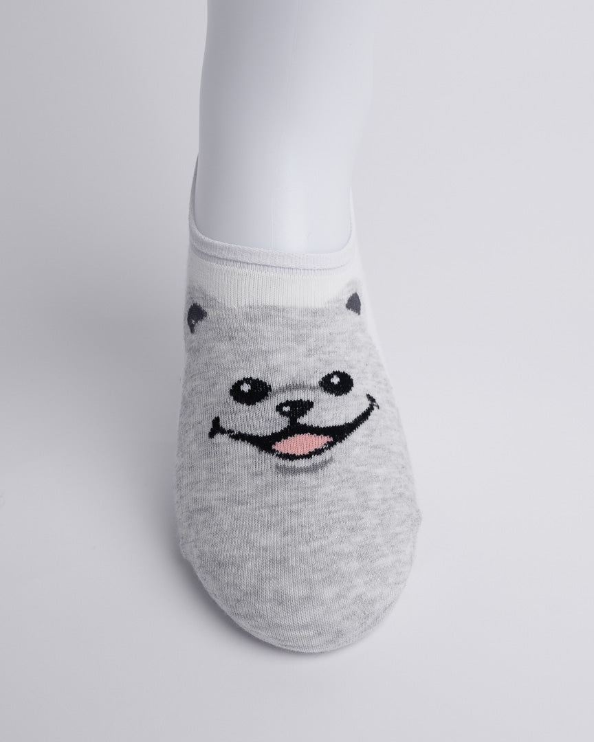 Gray ankle sock with a dog face design on a light gray background