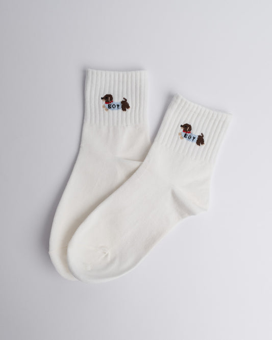 White women’s quarter socks with dachshund embroidery, cotton casual socks