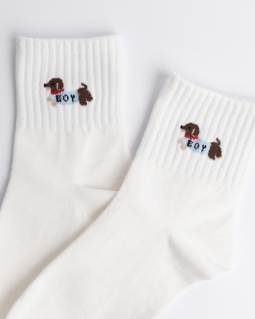 White women’s cotton quarter socks with cute dachshund embroidery