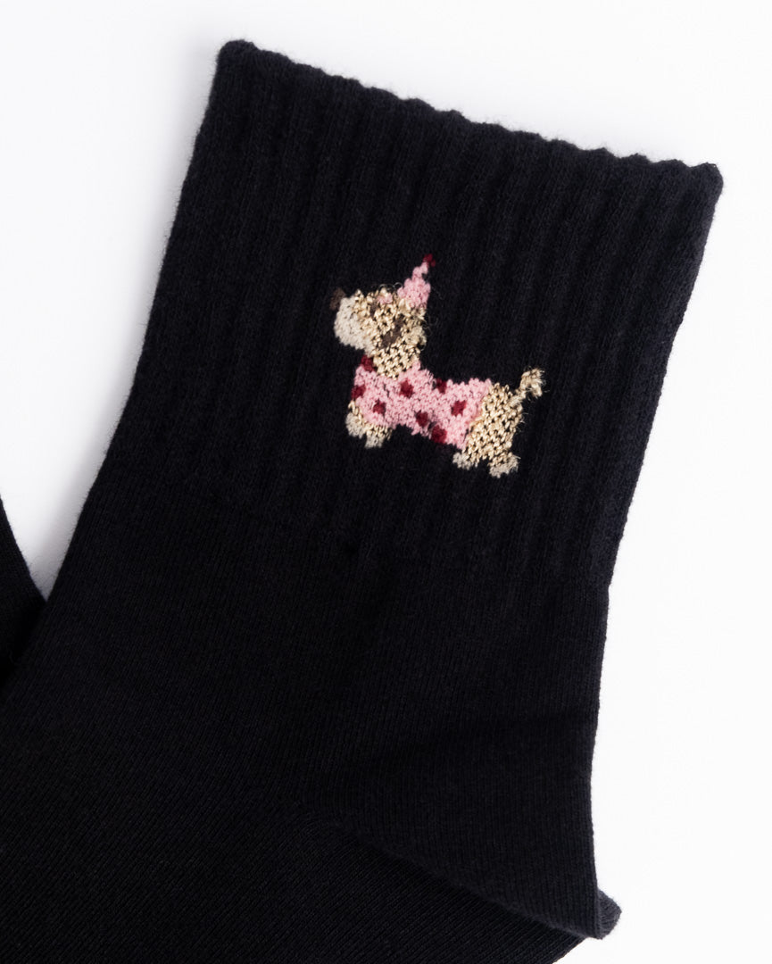 Close-up of dachshund embroidery on black women’s cotton quarter socks